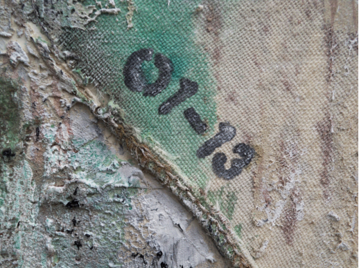 Grnspan (Detailaufnahme), 2013, Acryl, Seidenpapier, Sand und Jute auf Leinwand, 100x100 cm Heike Rieck 